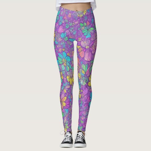 Leuke  Kleur Paarse Boho Hippie Bloemenpatroon Leggings (Voorkant)