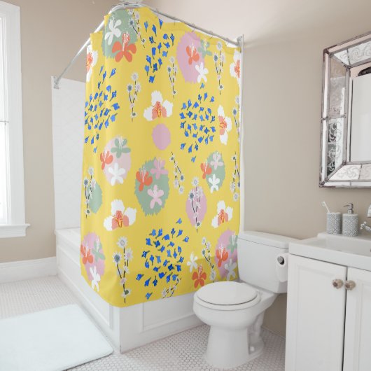 Leuke kleuren bloemenl Modern retro geel Douchegordijn (In situ)