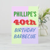Leuke, kleurrijke "40th BIRTHDAY BARBECUE" uitnodi Kaart (Staand voorkant)