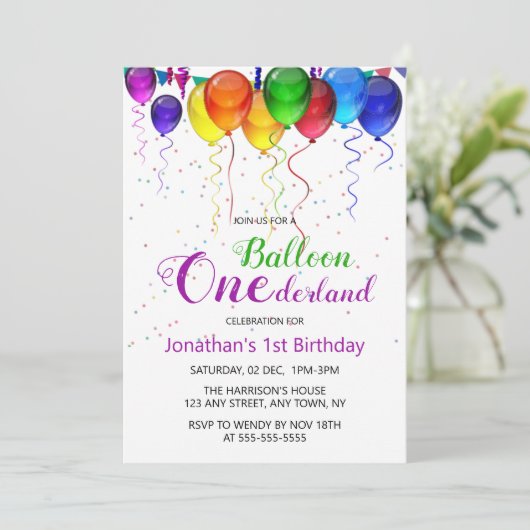 Leuke kleurrijke ballon Wonderland 1e verjaardag Kaart (Staand voorkant)