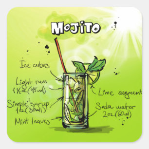 Leuke kleurrijke Bartending Mojito Recept Cocktail Vierkante Sticker