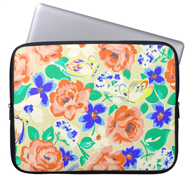 Leuke kleurrijke bloemendessin laptop sleeve (Voorkant)