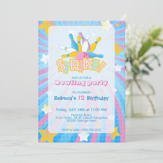 Leuke & kleurrijke Bowling Party Uitnodiging (Staand voorkant)