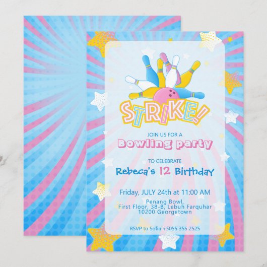 Leuke & kleurrijke Bowling Party Uitnodiging (Voorkant / Achterkant)