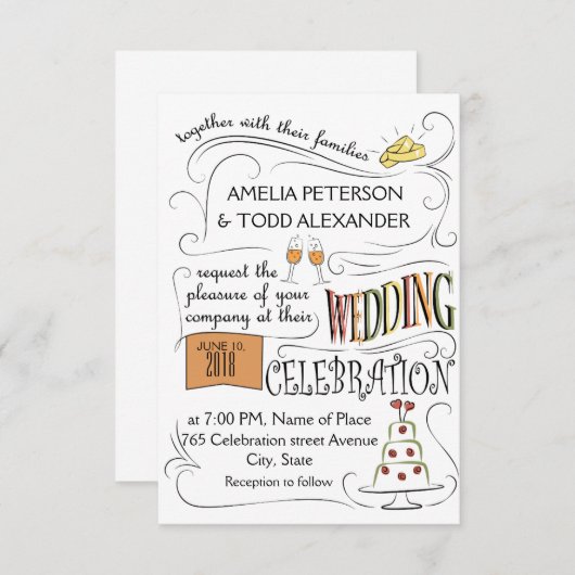 Leuke, kleurrijke bruiloft uitnodiging ontwerp. (Voorkant / Achterkant)