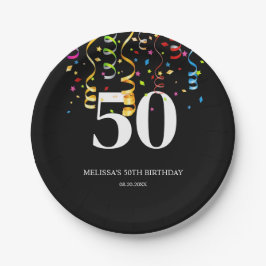 Leuke Kleurrijke Confetti Ribbon Zwart 50 Verjaard Papieren Bordje