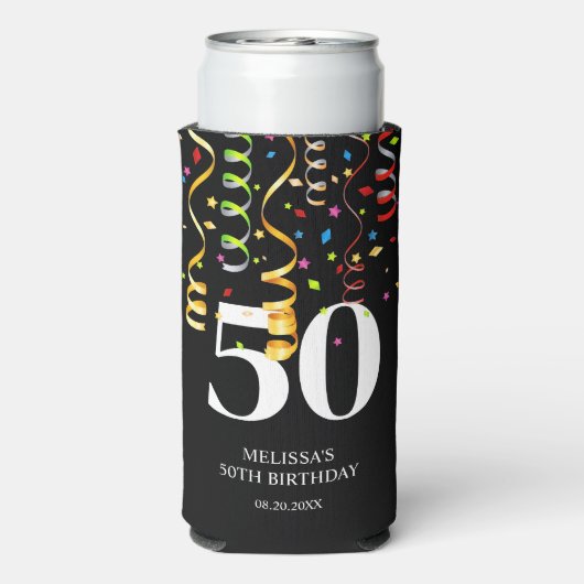 Leuke Kleurrijke Confetti Ribbon Zwart 50 Verjaard Seltzer Blikjeskoeler (Seltzer Achterkant)