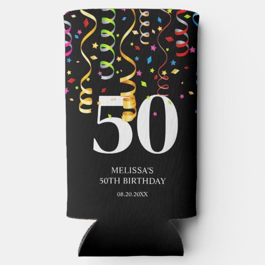 Leuke Kleurrijke Confetti Ribbon Zwart 50 Verjaard Seltzer Blikjeskoeler (Achterkant)