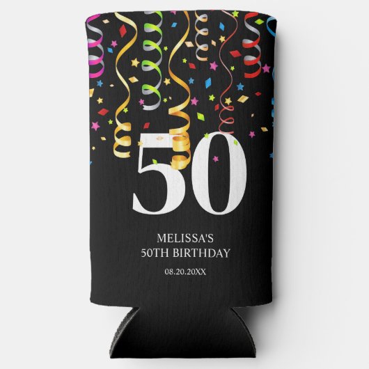 Leuke Kleurrijke Confetti Ribbon Zwart 50 Verjaard Seltzer Blikjeskoeler (Voorkant)