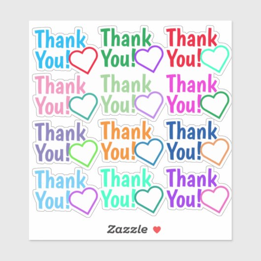 Leuke, kleurrijke "Dank je!" + hartvorm Stickers (Vel)