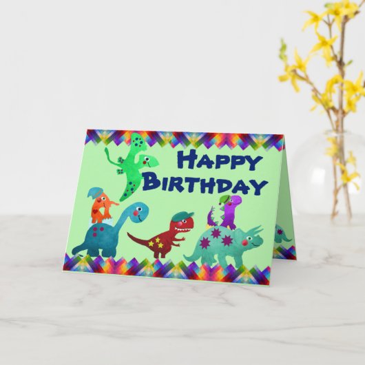 Leuke kleurrijke Dino verjaardag Kaart (Gele Bloem)