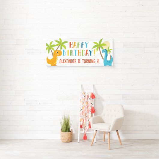Leuke kleurrijke dinosaurus gelukkig verjaardagsfe spandoek (Insitu)