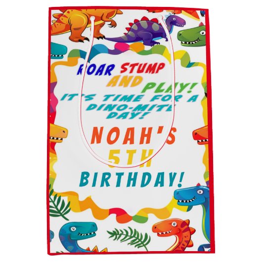 Leuke kleurrijke dinosaurus thema dino-mite medium cadeauzakje (Voorkant)