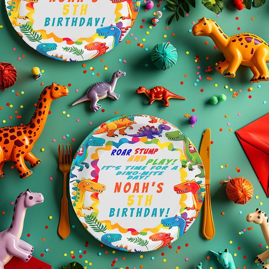 Leuke kleurrijke dinosaurus thema dino-mite papieren bordje