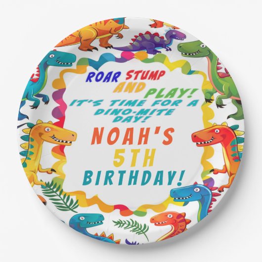 Leuke kleurrijke dinosaurus thema dino-mite papieren bordje (Voorkant)