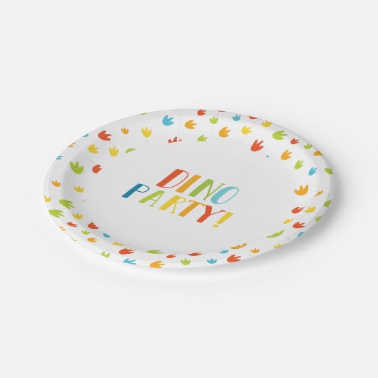 Leuke Kleurrijke Dinosaurus Voetafdrukken Verjaard Papieren Bordje (Gekanteld)