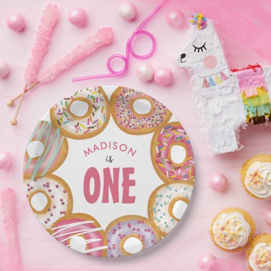 Leuke kleurrijke donuts een eerste verjaardag papieren bordje (Feest)