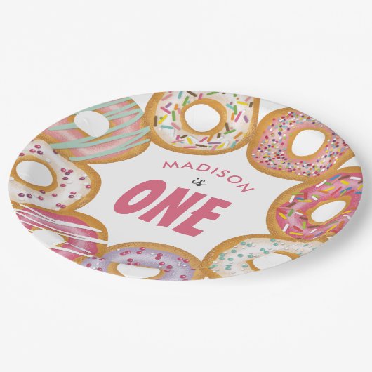Leuke kleurrijke donuts een eerste verjaardag papieren bordje (Gekanteld)