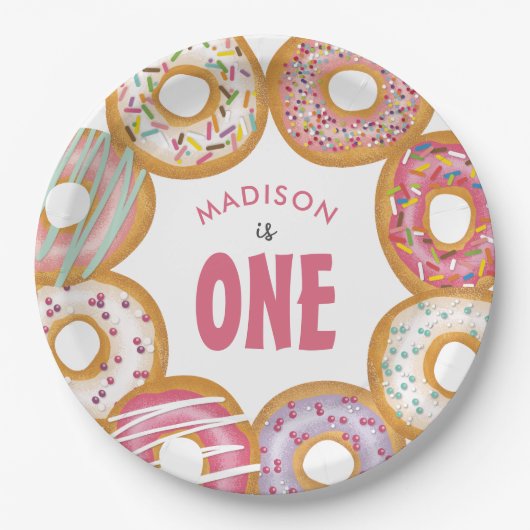 Leuke kleurrijke donuts een eerste verjaardag papieren bordje (Voorkant)