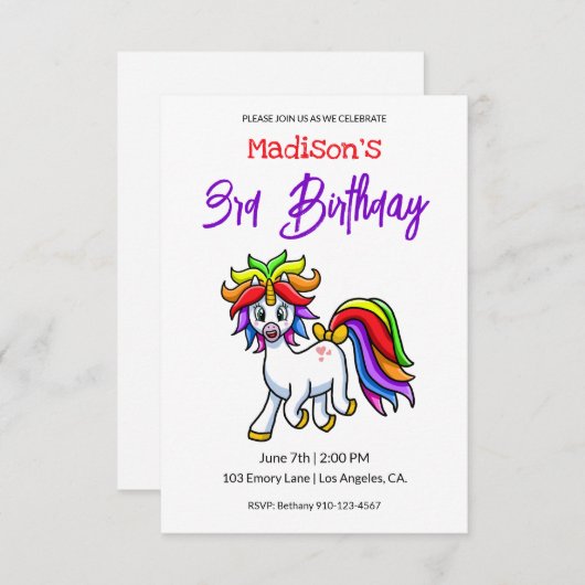 Leuke kleurrijke eenhoorn verjaardag kaart (Voorkant / Achterkant)