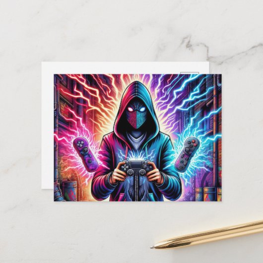 Leuke kleurrijke gamerjongen briefkaart (Voorkant / Achterkant in situ)