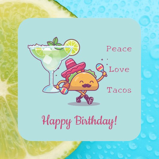 Leuke kleurrijke Happy Birthday Tacos en Margarita Vierkante Sticker