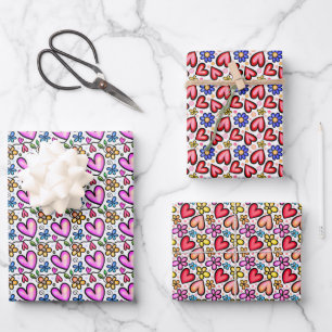 Leuke kleurrijke harten en bloemen inpakpapier vel