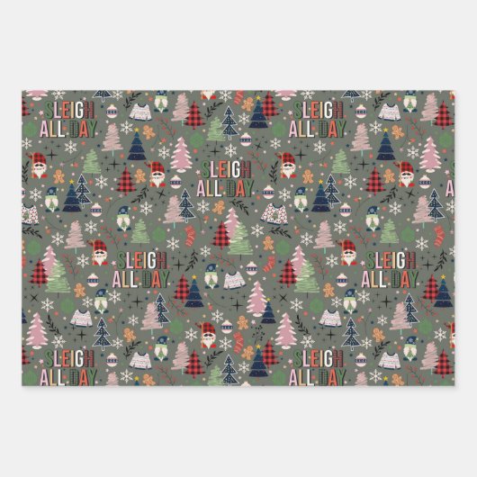 Leuke kleurrijke kabouters kerstboom feestelijk inpakpapier vel (Voorkant 3)