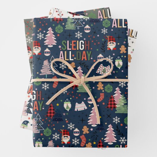 Leuke kleurrijke kabouters kerstboom feestelijk inpakpapier vel (In situ)