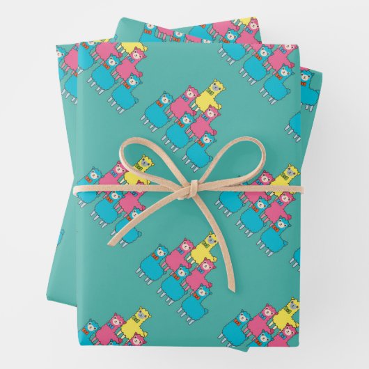 Leuke kleurrijke lama alpaca dieren blauwgroen inpakpapier vel (In situ)