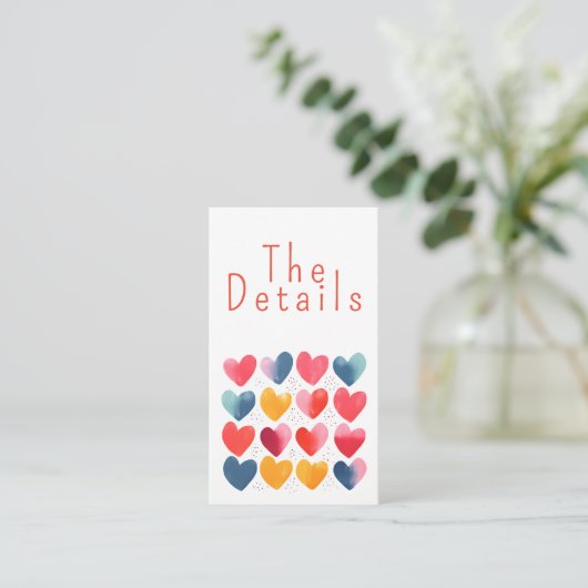 Leuke kleurrijke liefdesharten bruiloft De details Informatiekaartje (Staand voorkant)
