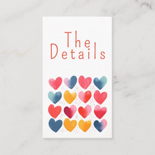 Leuke kleurrijke liefdesharten bruiloft De details Informatiekaartje (Voorkant)