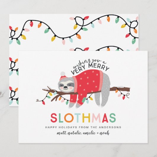 leuke kleurrijke luiaard kerst feestdagenkaart (Voorkant / Achterkant)