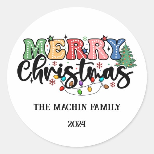 Leuke, kleurrijke Merry Christmas Gepersonaliseerd Ronde Sticker (Voorkant)