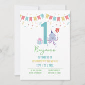 Leuke kleurrijke octopus ballon banners 1e verjaar kaart (Voorkant)