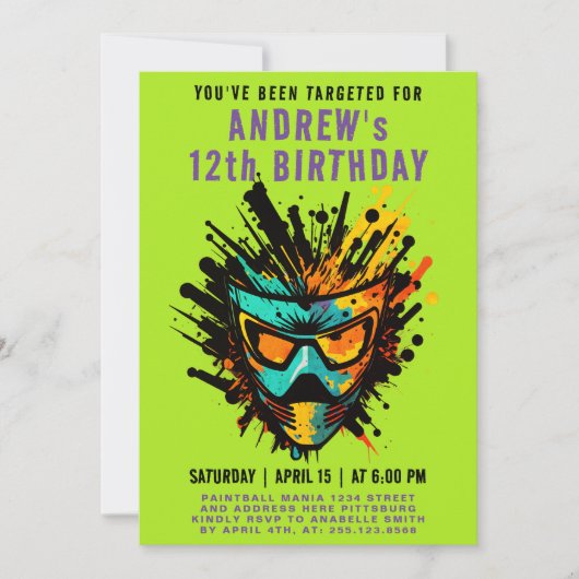 Leuke kleurrijke Paintball Splatter Green Party Kaart (Voorkant)