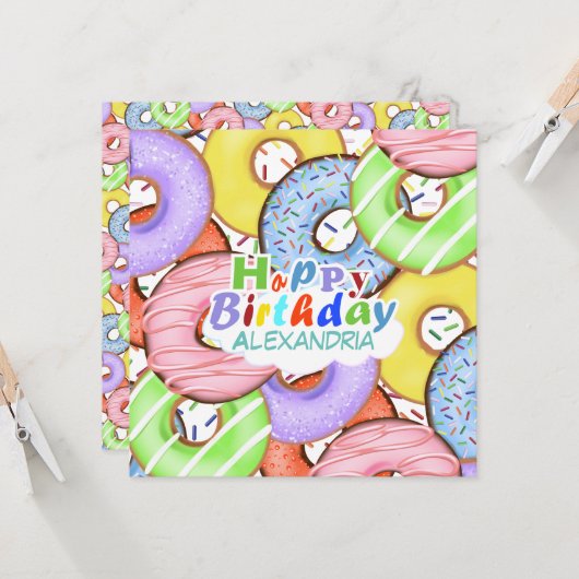 Leuke kleurrijke Pastel Donuts verjaardag Kaart (Voorkant / Achterkant in situ)