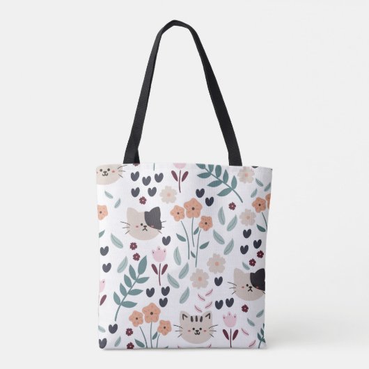 Leuke Kleurrijke Pastel Waterverf Bloemen met katt Tote Bag (Achterkant)