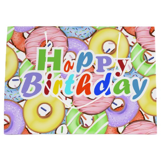 Leuke Kleurrijke Pastelkleurige Donuts Verjaardag Groot Cadeauzakje (Voorkant)