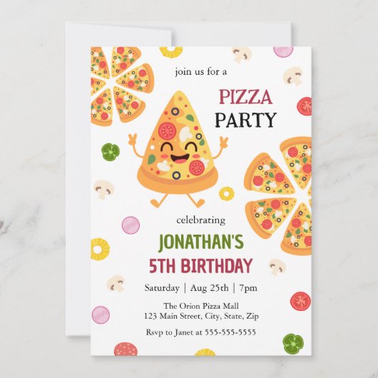 Leuke kleurrijke Pizza Party Kids Verjaardag Kaart (Voorkant)