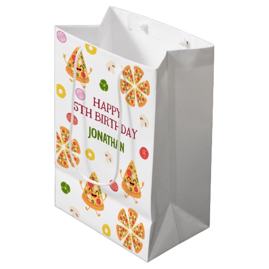 Leuke kleurrijke Pizza Party Kids Verjaardag Medium Cadeauzakje (Voorkant Gekanteld)