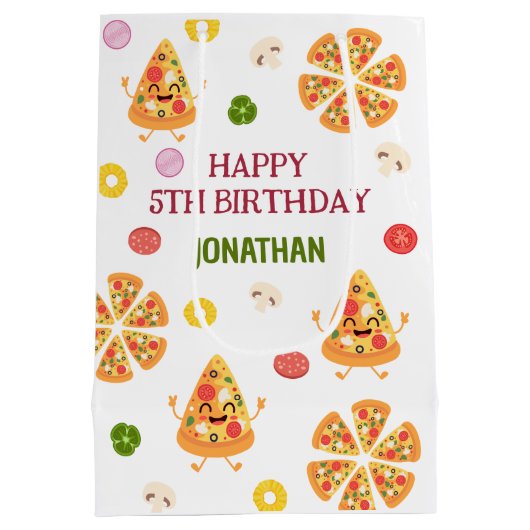 Leuke kleurrijke Pizza Party Kids Verjaardag Medium Cadeauzakje (Achterkant)