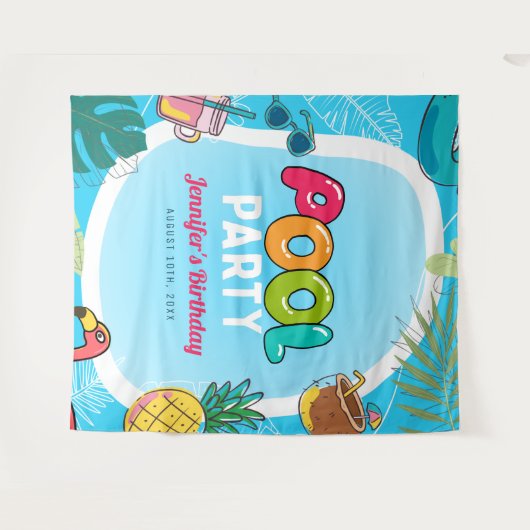Leuke & Kleurrijke Pool Feest | Verjaardagsachterg Wandkleed (Voorkant (horizontaal))