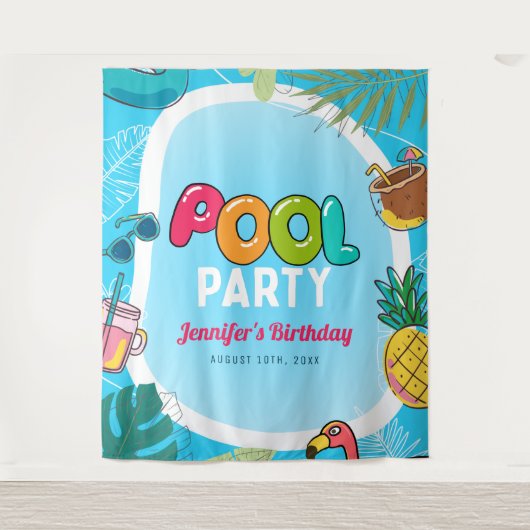 Leuke & Kleurrijke Pool Feest | Verjaardagsachterg Wandkleed (Voorkant)