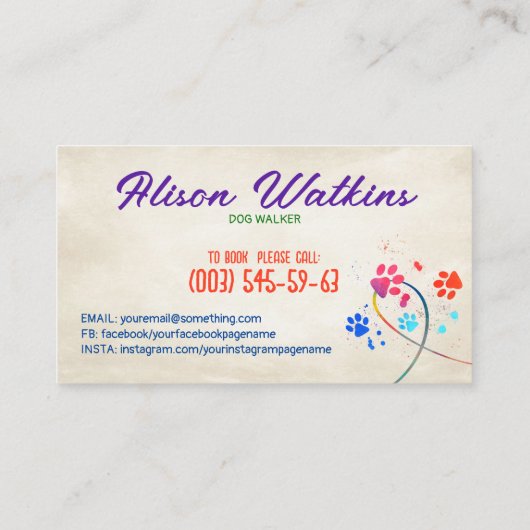 Leuke kleurrijke poot prints trail - Dog Walker Visitekaartje (Achterkant)