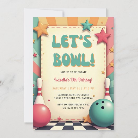 Leuke kleurrijke Retro 50s Bowling verjaardagsfees Kaart (Voorkant)