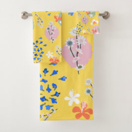 Leuke kleurrijke retro bloemen l Geel Bad Handdoek