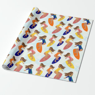 Leuke kleurrijke retro zomer surfer meisje patroon cadeaupapier