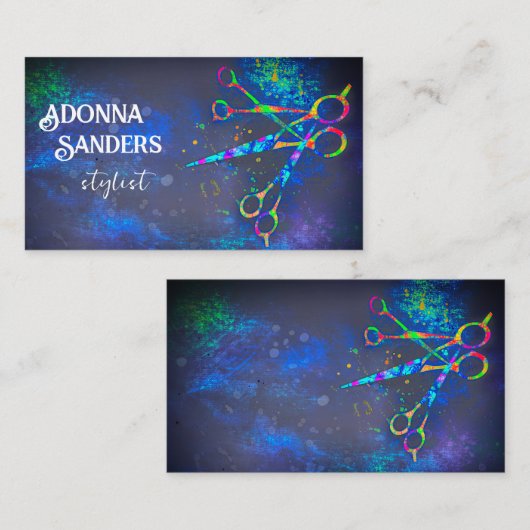 leuke kleurrijke schaar kunst op donkerblauwe plek visitekaartje (Voorkant / Achterkant)