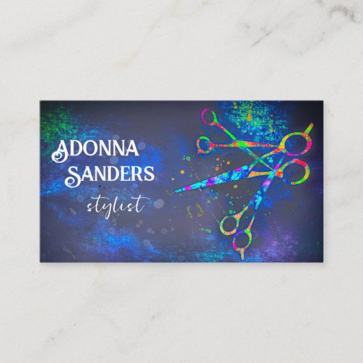 leuke kleurrijke schaar kunst op donkerblauwe plek visitekaartje (Voorkant)